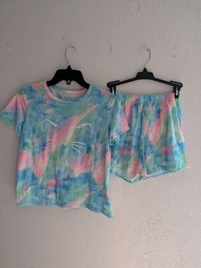 Shein Tie-Dye Cat Face Short Set - Pastel Blue Pink Green